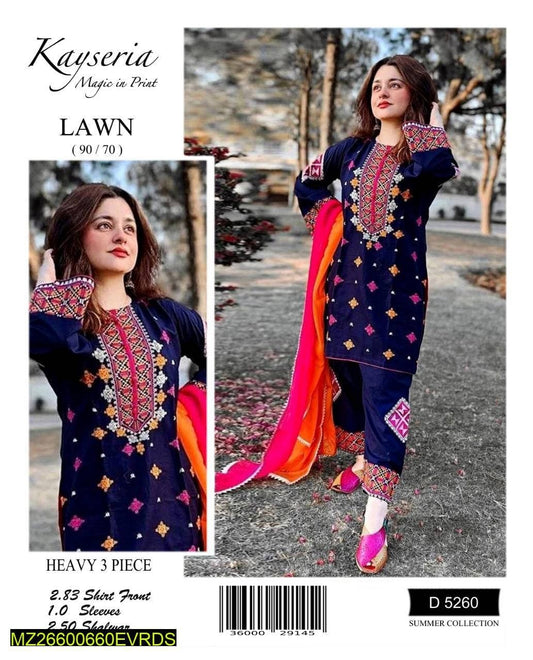 3 Pcs Women's Unstitched Lawn Embroidered Suit